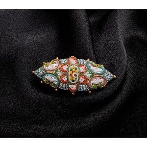 Vintage 1930S Italian Mosaic Brooch With Intricate Floral Design